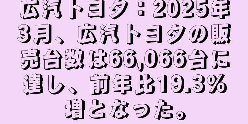 広汽トヨタ：2025年3月、広汽トヨタの販売台数は66,066台に達し、前年比19.3%増となった。