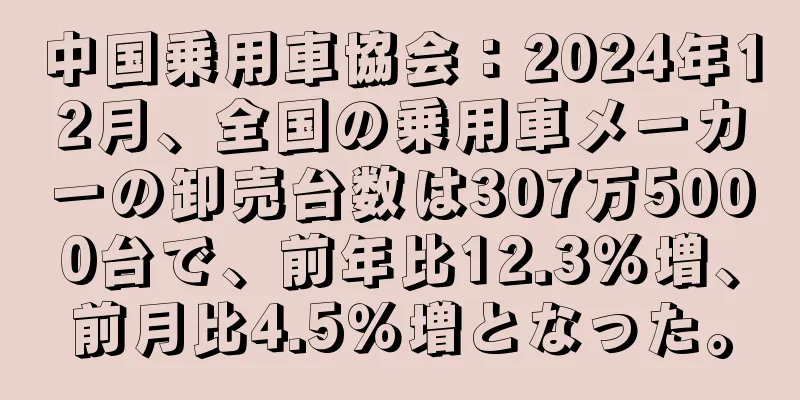 中国乗用車協会：2024年12月、全国の乗用車メーカーの卸売台数は307万5000台で、前年比12.3％増、前月比4.5％増となった。