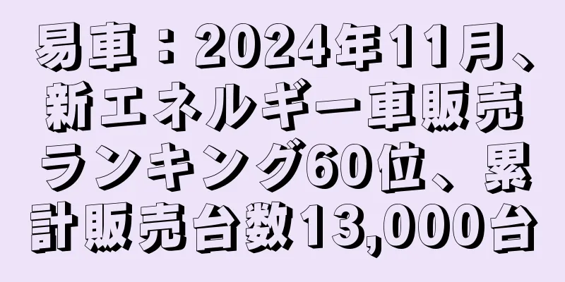 易車：2024年11月、新エネルギー車販売ランキング60位、累計販売台数13,000台