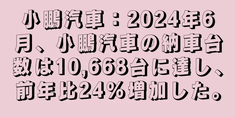 小鵬汽車：2024年6月、小鵬汽車の納車台数は10,668台に達し、前年比24％増加した。