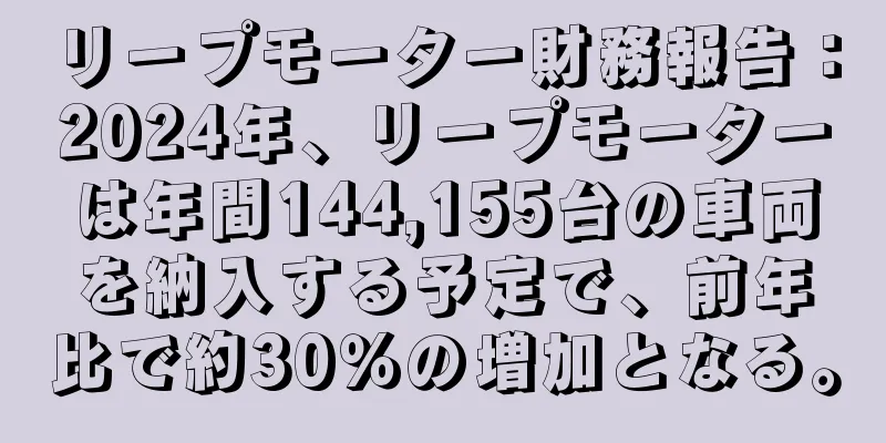 リープモーター財務報告：2024年、リープモーターは年間144,155台の車両を納入する予定で、前年比で約30％の増加となる。