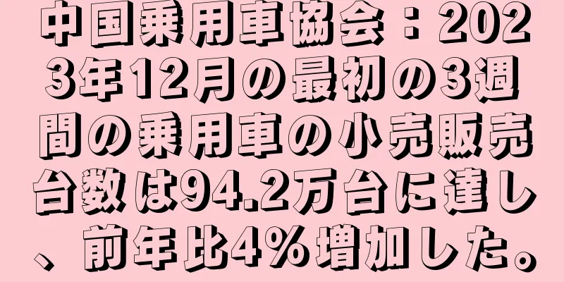 中国乗用車協会：2023年12月の最初の3週間の乗用車の小売販売台数は94.2万台に達し、前年比4％増加した。