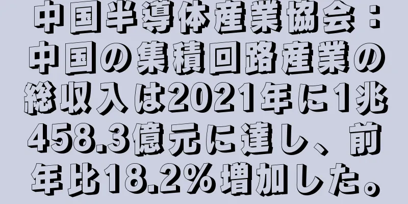 中国半導体産業協会：中国の集積回路産業の総収入は2021年に1兆458.3億元に達し、前年比18.2％増加した。