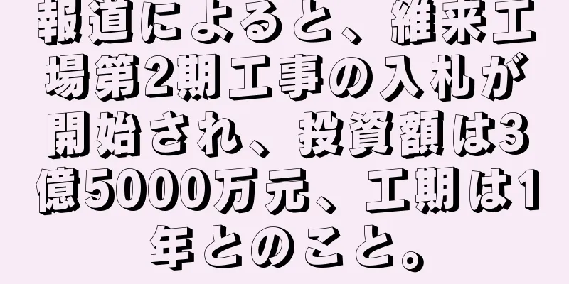 報道によると、維来工場第2期工事の入札が開始され、投資額は3億5000万元、工期は1年とのこと。