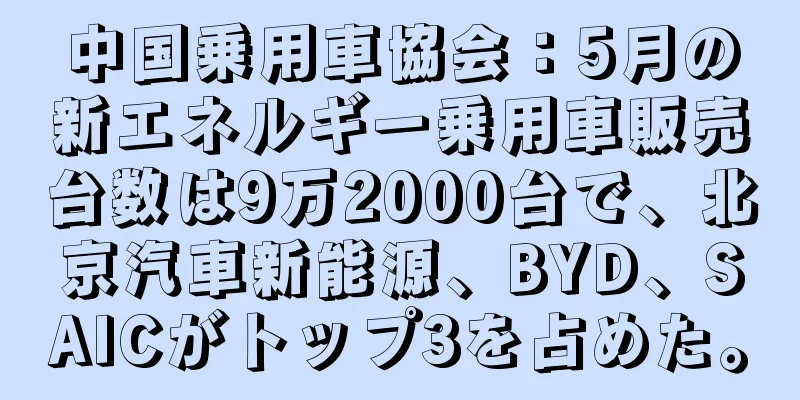 中国乗用車協会：5月の新エネルギー乗用車販売台数は9万2000台で、北京汽車新能源、BYD、SAICがトップ3を占めた。