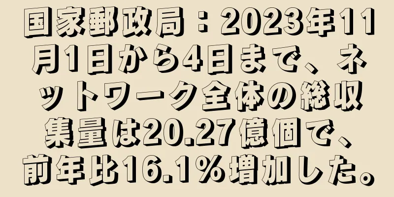 国家郵政局：2023年11月1日から4日まで、ネットワーク全体の総収集量は20.27億個で、前年比16.1％増加した。