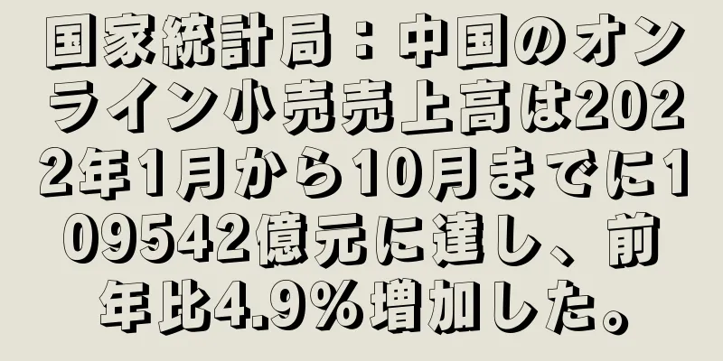 国家統計局：中国のオンライン小売売上高は2022年1月から10月までに109542億元に達し、前年比4.9％増加した。