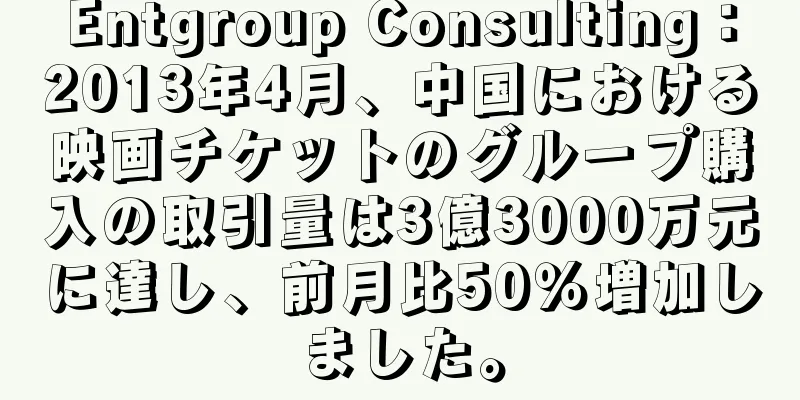 Entgroup Consulting：2013年4月、中国における映画チケットのグループ購入の取引量は3億3000万元に達し、前月比50％増加しました。