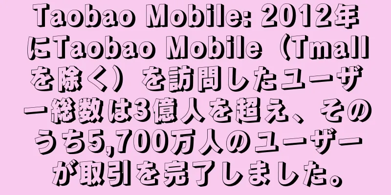 Taobao Mobile: 2012年にTaobao Mobile（Tmallを除く）を訪問したユーザー総数は3億人を超え、そのうち5,700万人のユーザーが取引を完了しました。