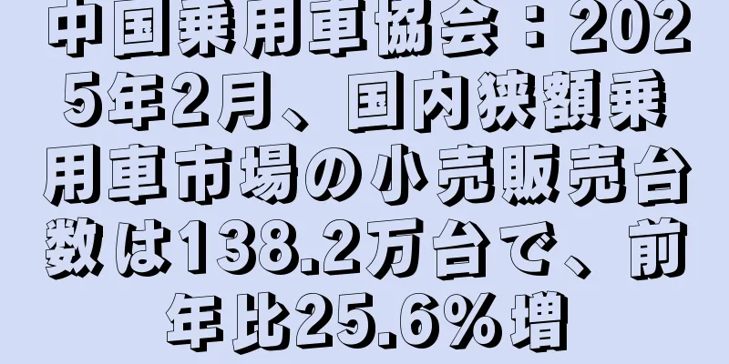 中国乗用車協会：2025年2月、国内狭額乗用車市場の小売販売台数は138.2万台で、前年比25.6％増