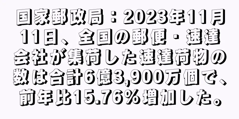 国家郵政局：2023年11月11日、全国の郵便・速達会社が集荷した速達荷物の数は合計6億3,900万個で、前年比15.76%増加した。
